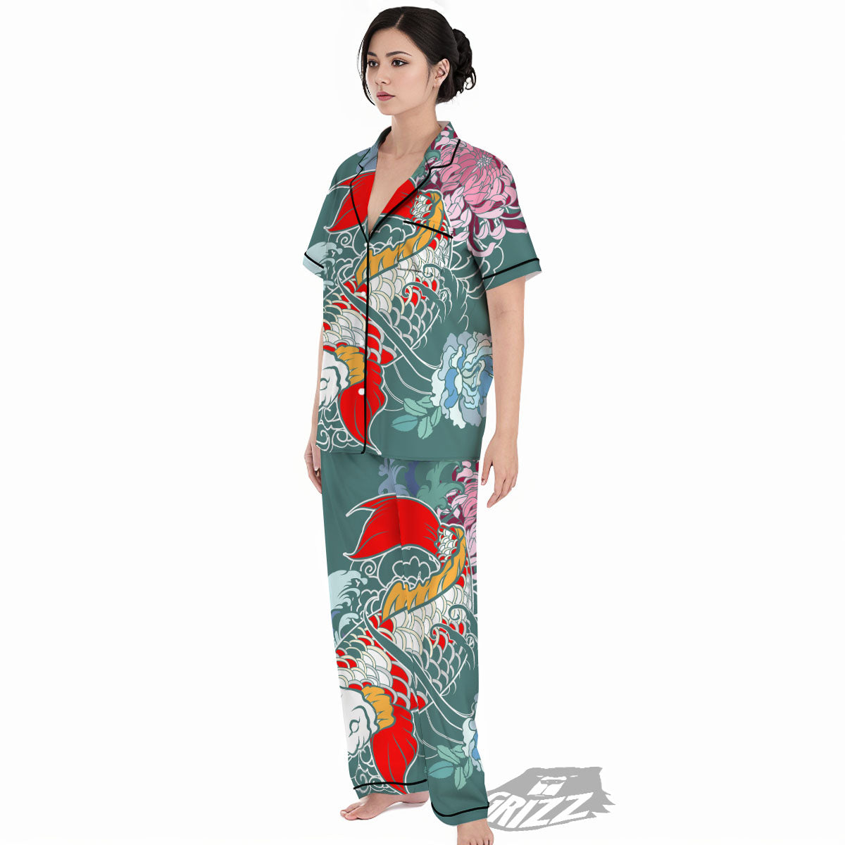 Tattoo Japanese Koi And Flower Print Women's Pajamas Set-grizzshop