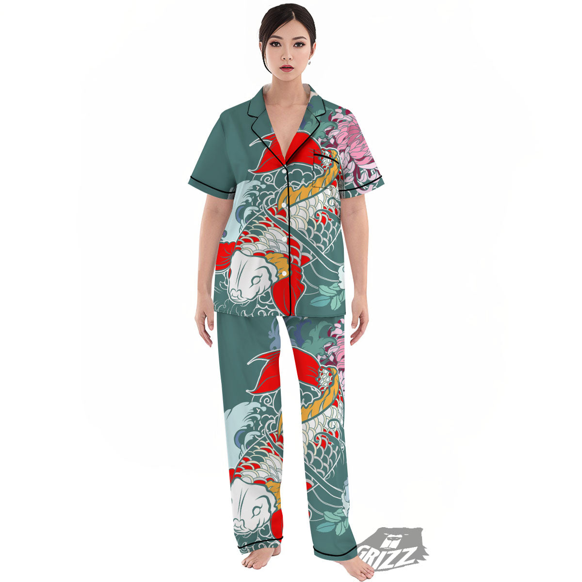 Tattoo Japanese Koi And Flower Print Women's Pajamas Set-grizzshop