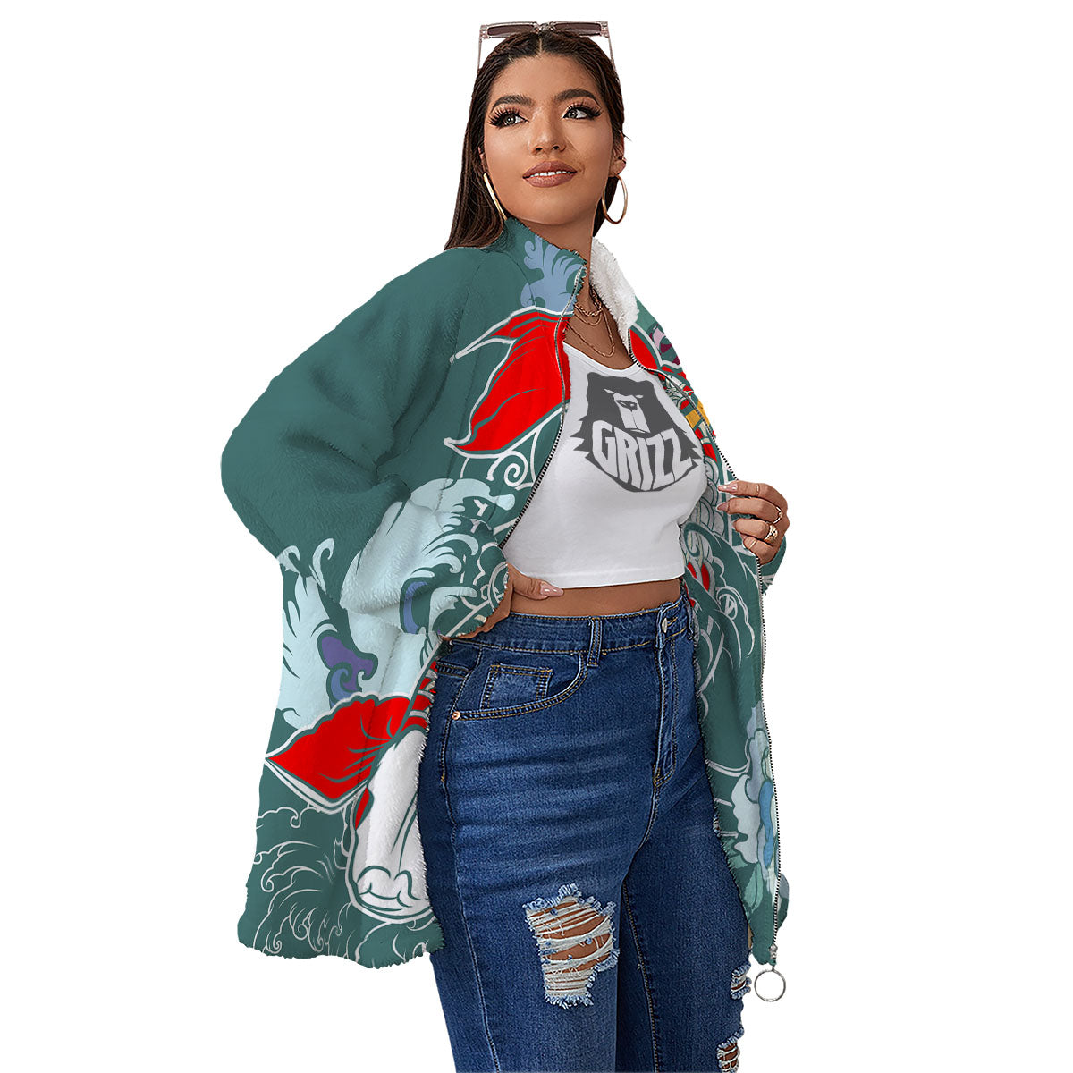 Tattoo Japanese Koi And Flower Print Women's Sherpa Jacket-grizzshop