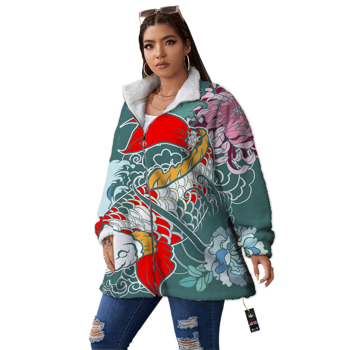 Tattoo Japanese Koi And Flower Print Women's Sherpa Jacket-grizzshop