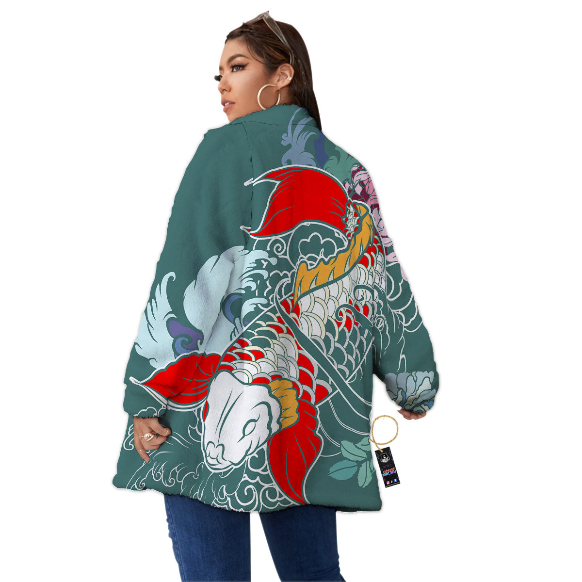 Tattoo Japanese Koi And Flower Print Women's Sherpa Jacket-grizzshop