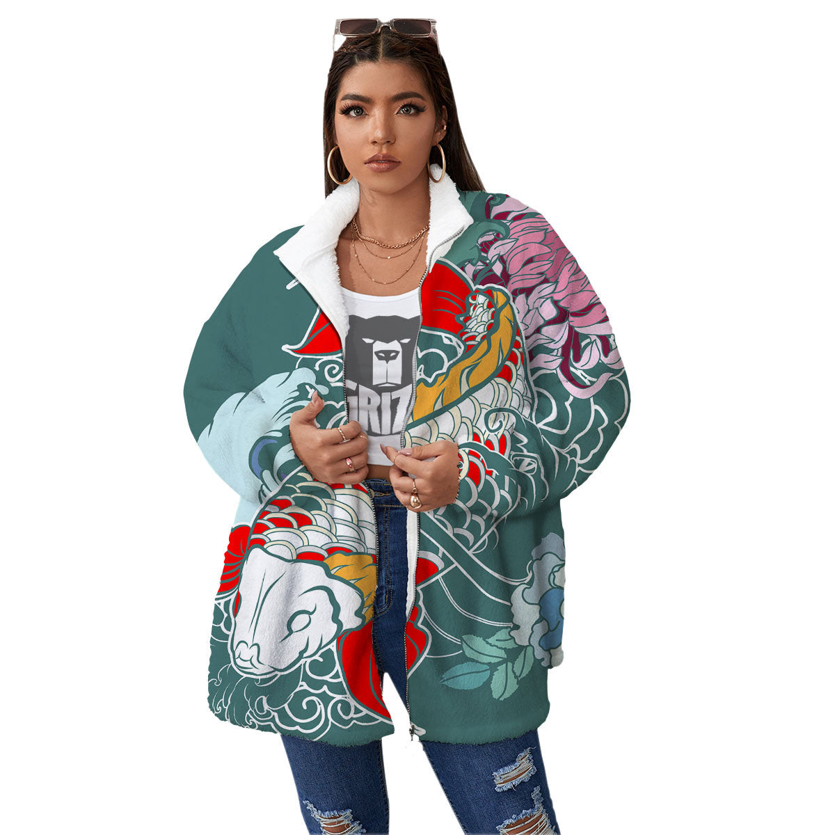 Tattoo Japanese Koi And Flower Print Women's Sherpa Jacket-grizzshop