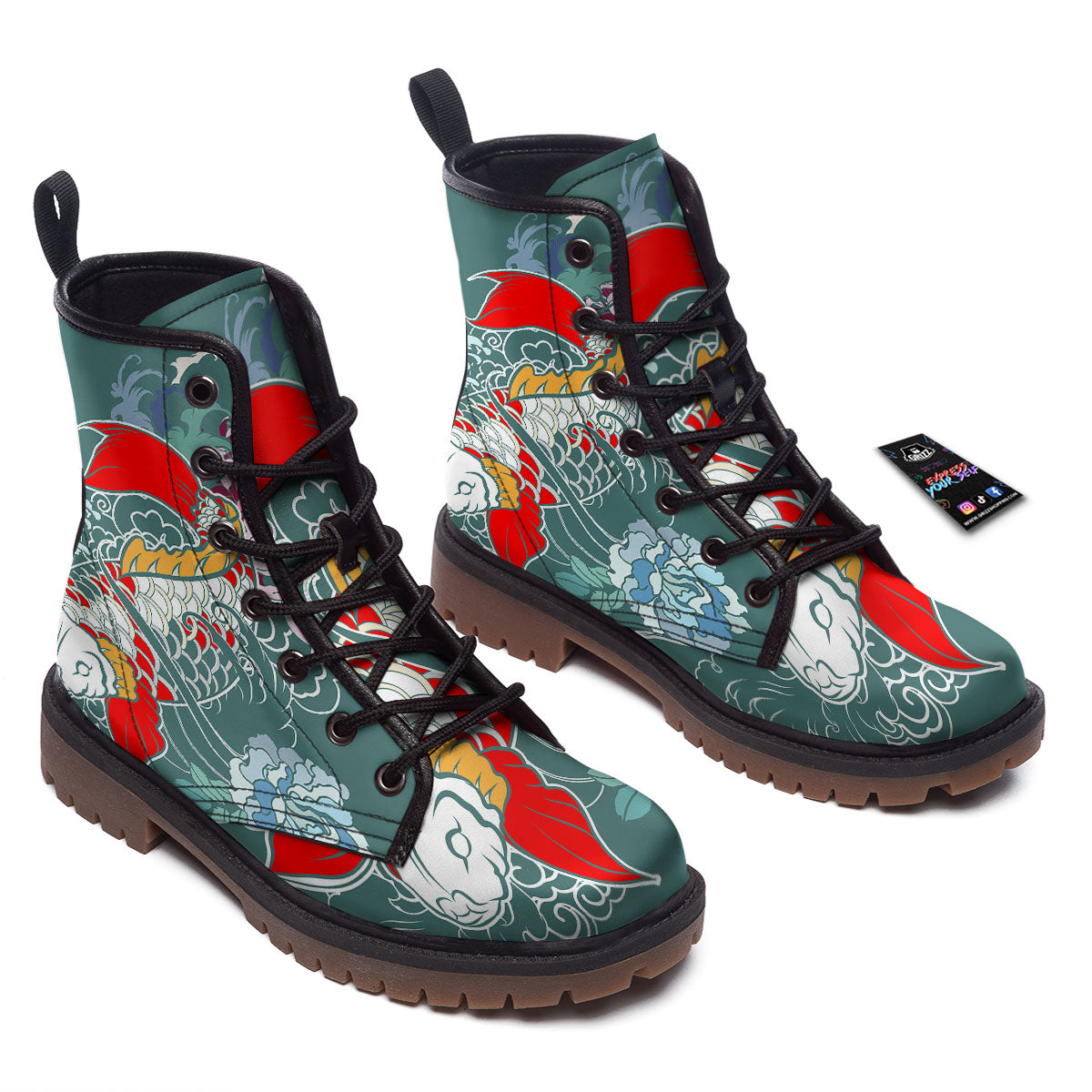 Tattoo Japanese Koi And Flower Print Work Boots-grizzshop