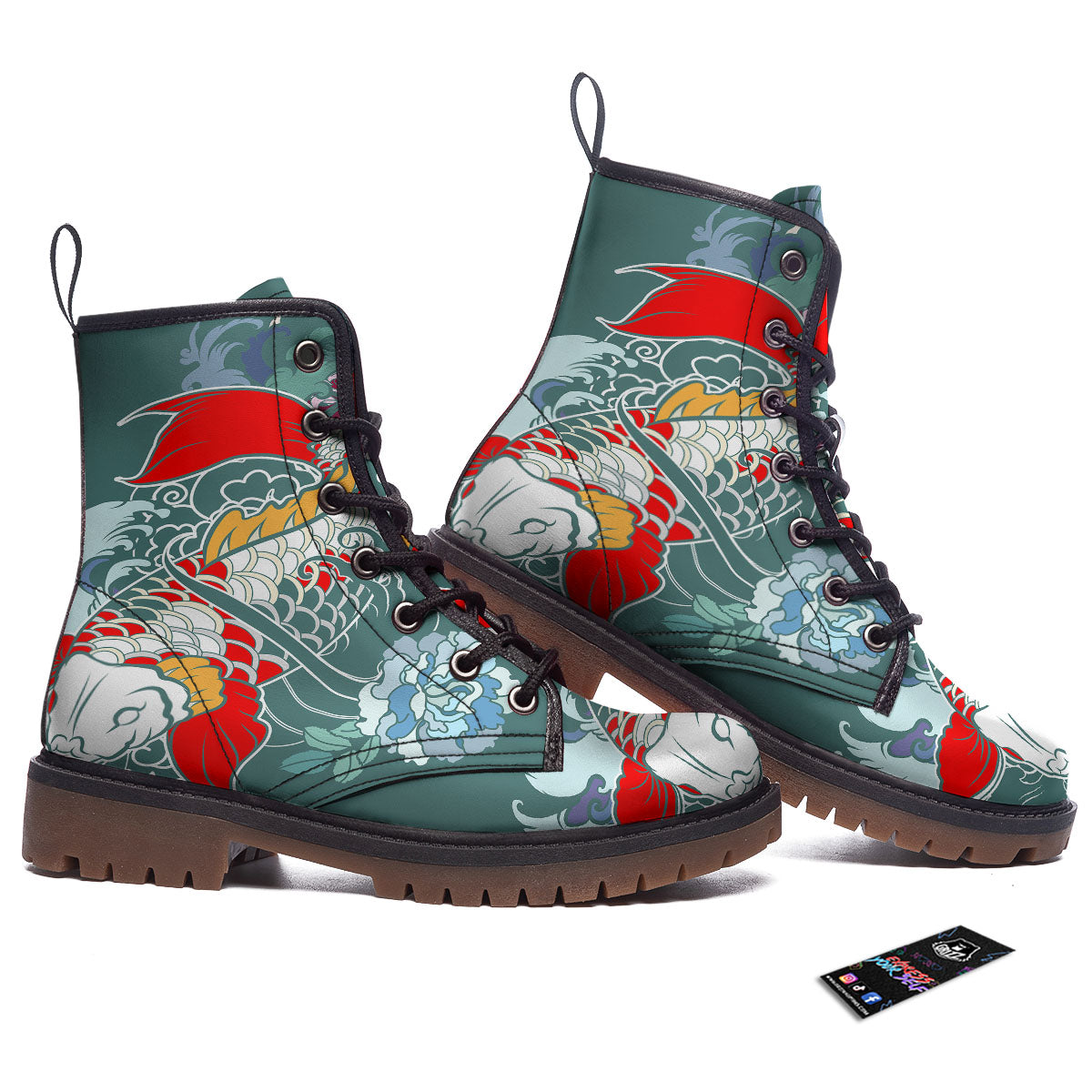 Tattoo Japanese Koi And Flower Print Work Boots-grizzshop