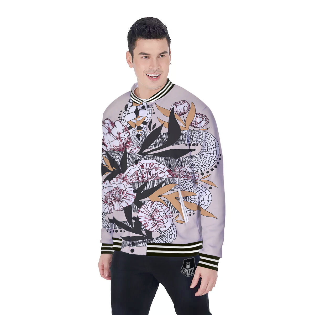 Tattoo Japanese Snake Print Baseball Jacket-grizzshop