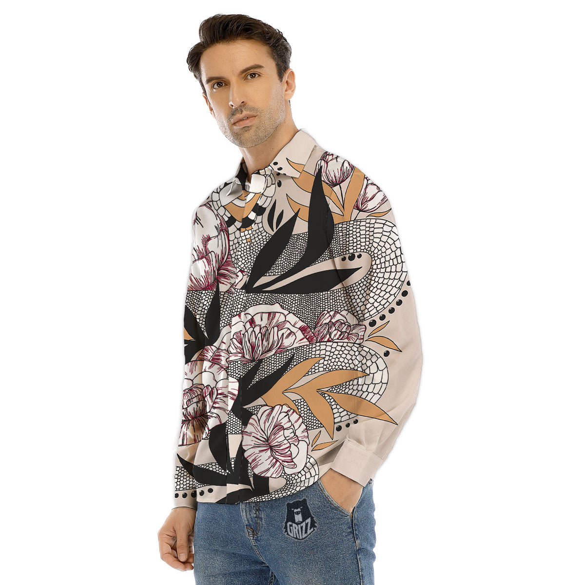 Tattoo Japanese Snake Print Men's Dress Shirts-grizzshop