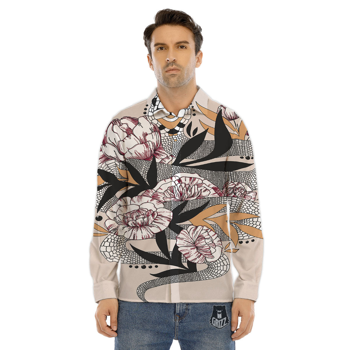 Tattoo Japanese Snake Print Men's Dress Shirts-grizzshop