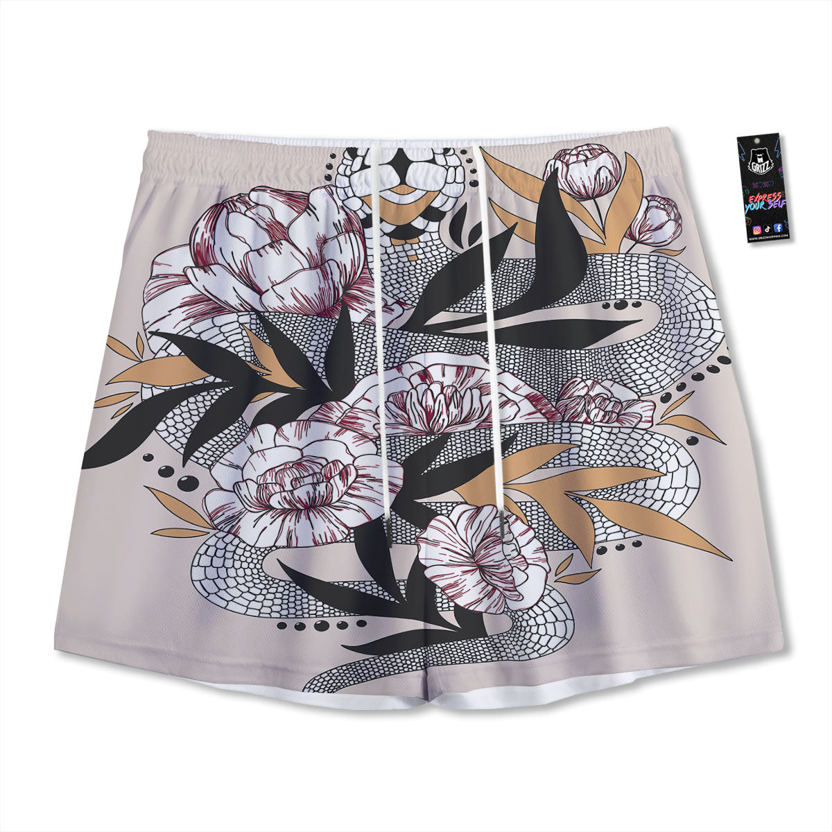 Tattoo Japanese Snake Print Mesh Shorts