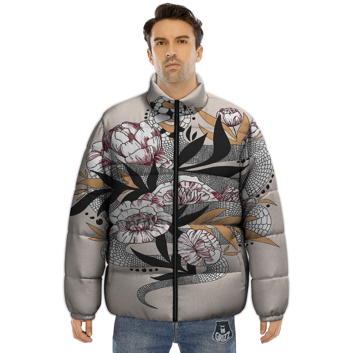 Tattoo Japanese Snake Print Puffer Jacket-grizzshop