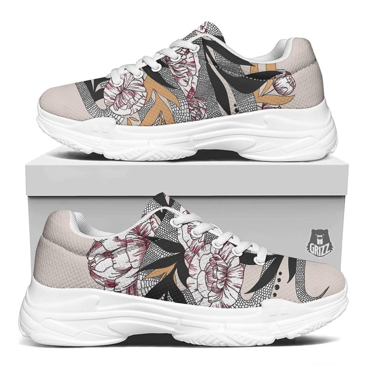 Tattoo Japanese Snake Print White Chunky Shoes-grizzshop