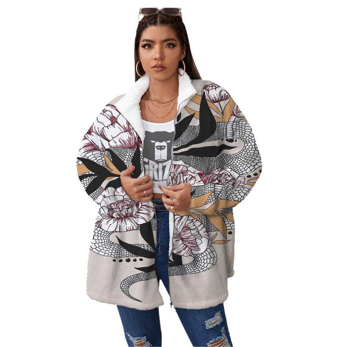 Tattoo Japanese Snake Print Women's Sherpa Jacket-grizzshop