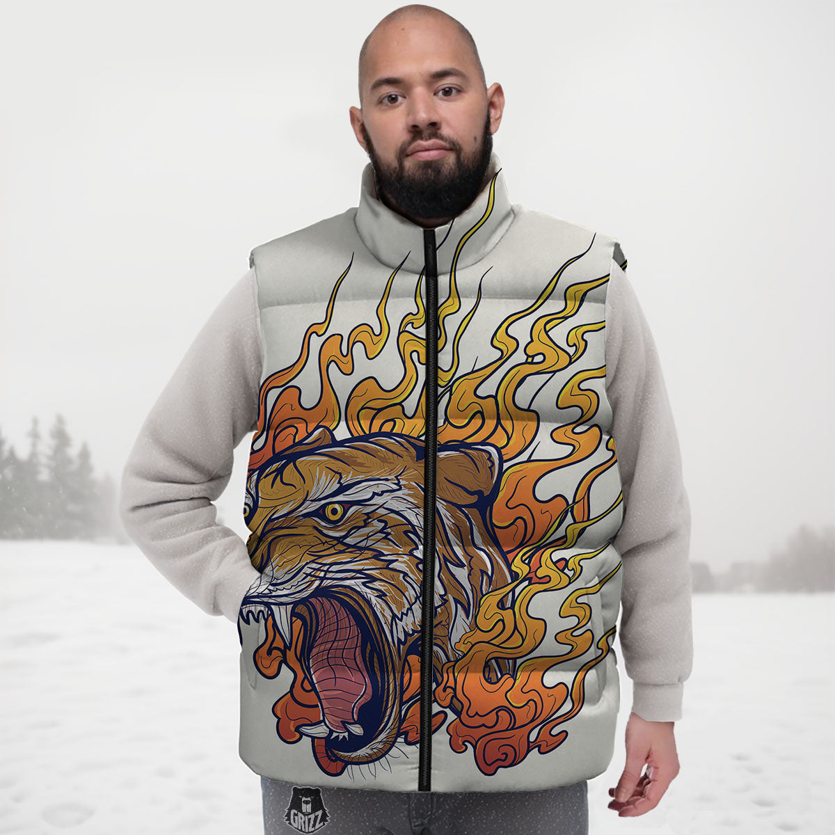 Tattoo Japanese Tiger Print Down Vest