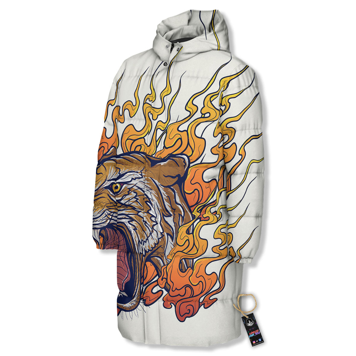 Tattoo Japanese Tiger Print Long Down Jacket-grizzshop