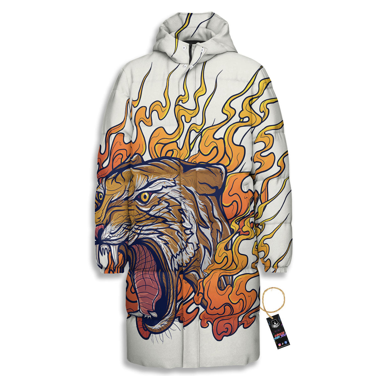 Tattoo Japanese Tiger Print Long Down Jacket-grizzshop