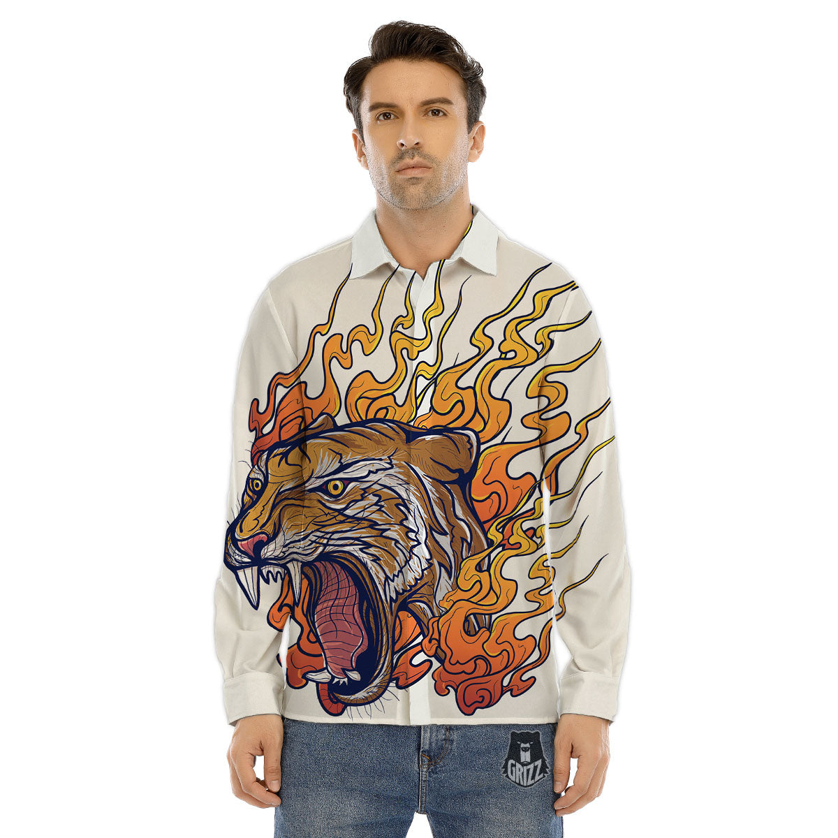 Tattoo Japanese Tiger Print Men's Dress Shirts-grizzshop