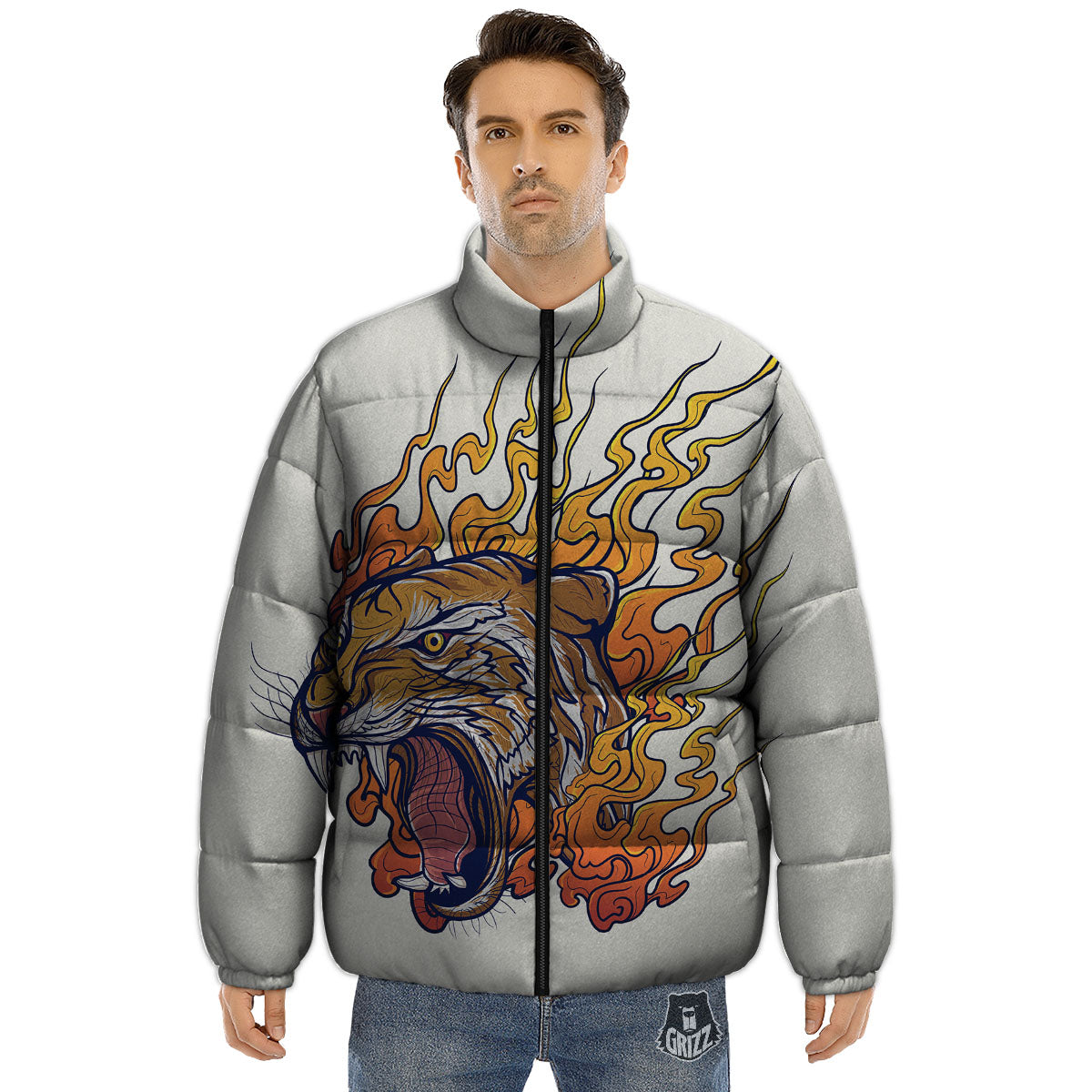 Tattoo Japanese Tiger Print Puffer Jacket-grizzshop