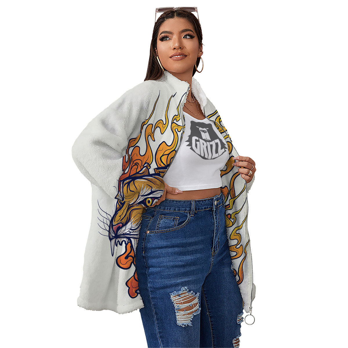 Tattoo Japanese Tiger Print Women's Sherpa Jacket-grizzshop