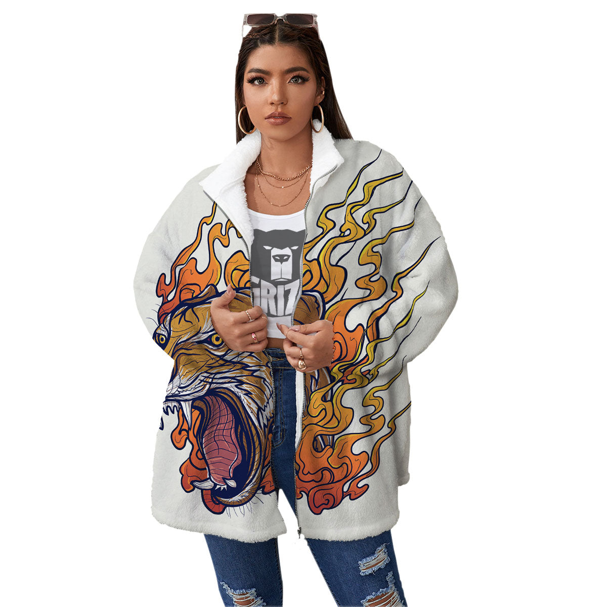 Tattoo Japanese Tiger Print Women's Sherpa Jacket-grizzshop