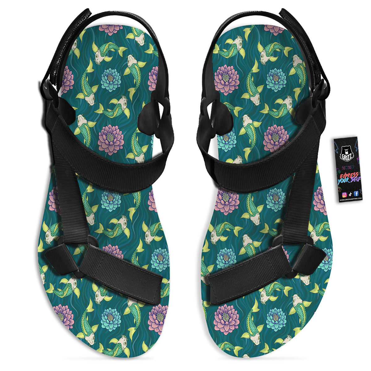 Tattoo Koi Carp Japanese Print Pattern Black Open Toe Sandals-grizzshop