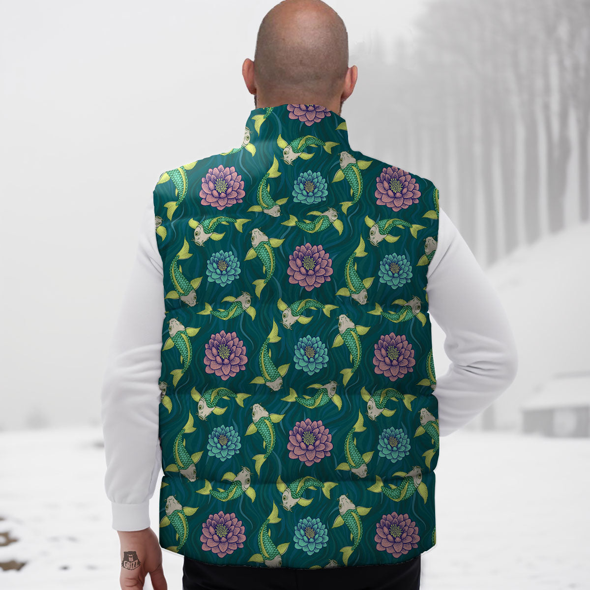 Tattoo Koi Carp Japanese Print Pattern Down Vest