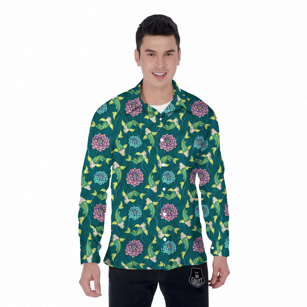 Tattoo Koi Carp Japanese Print Pattern Men's Long Sleeve Shirts-grizzshop