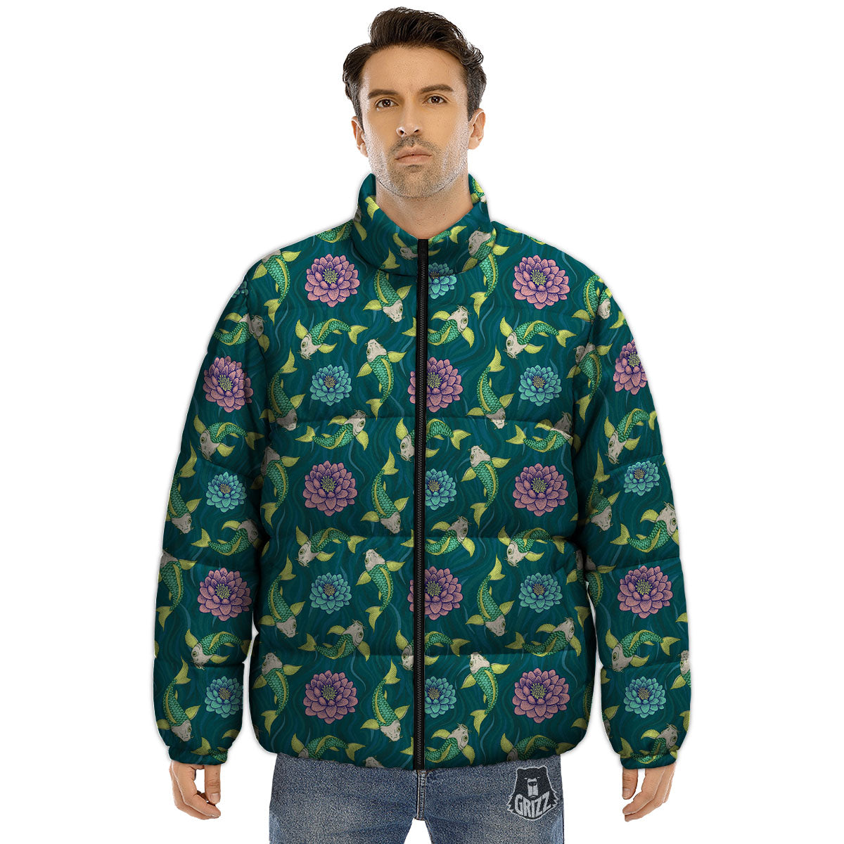 Tattoo Koi Carp Japanese Print Pattern Puffer Jacket-grizzshop