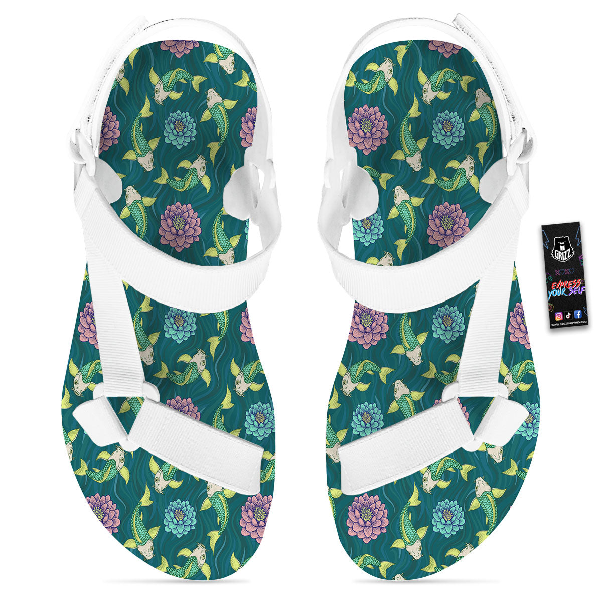 Tattoo Koi Carp Japanese Print Pattern White Open Toe Sandals-grizzshop