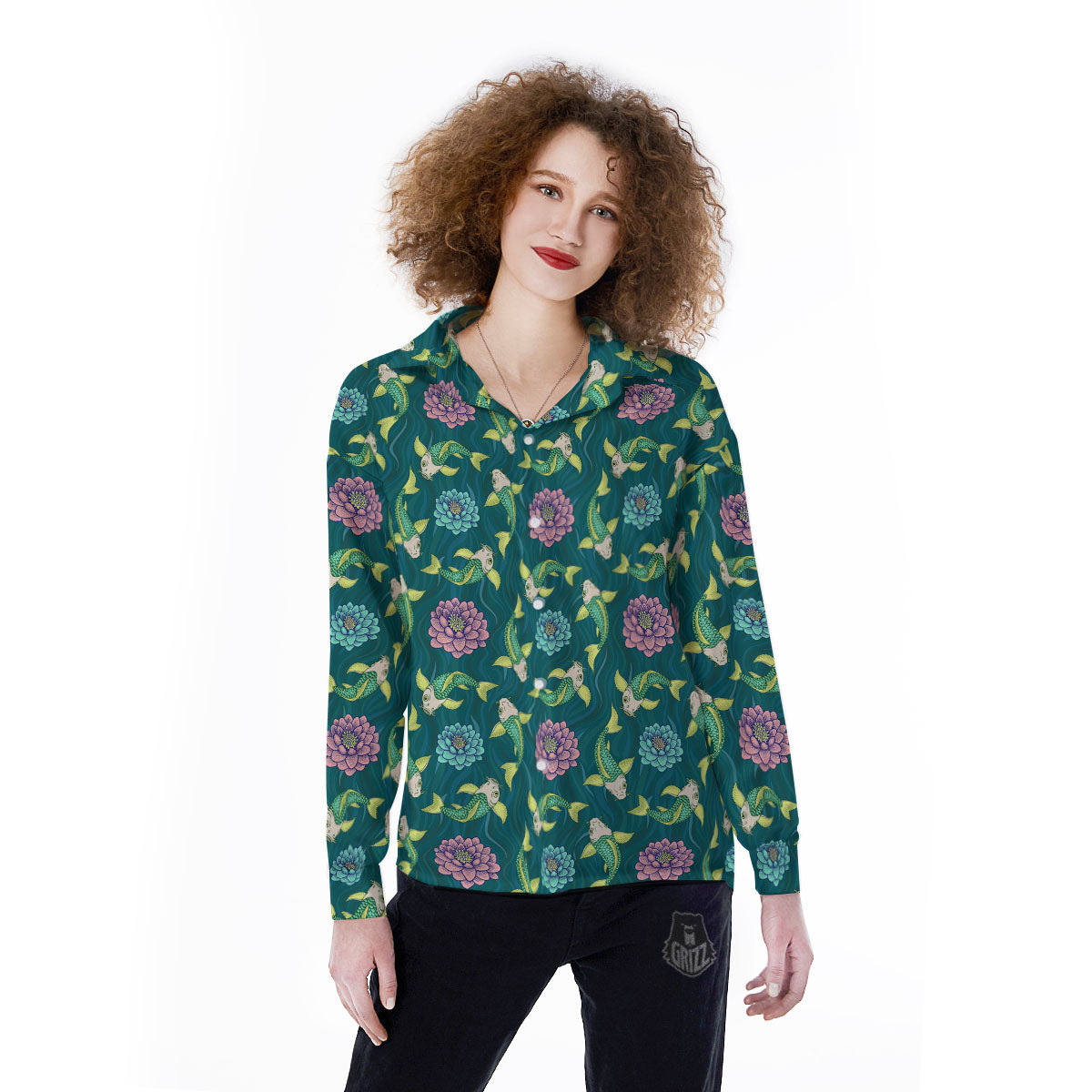 Tattoo Koi Carp Japanese Print Pattern Women's Long Sleeve Shirts-grizzshop