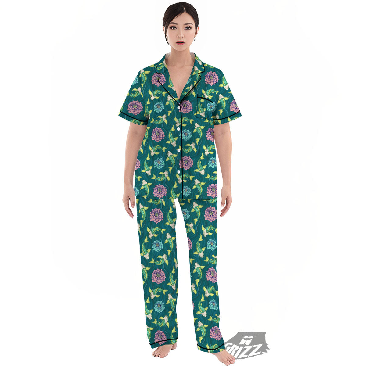 Tattoo Koi Carp Japanese Print Pattern Women's Pajamas Set-grizzshop