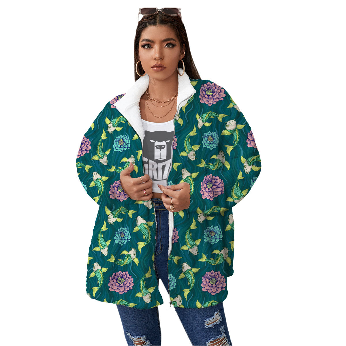 Tattoo Koi Carp Japanese Print Pattern Women's Sherpa Jacket-grizzshop