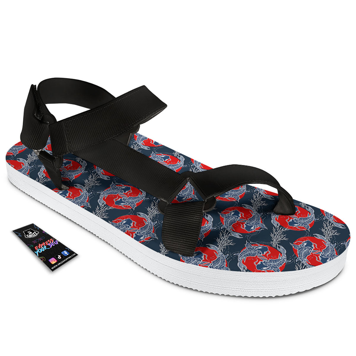 Tattoo Koi Fish Japanese Print Pattern Black Open Toe Sandals-grizzshop