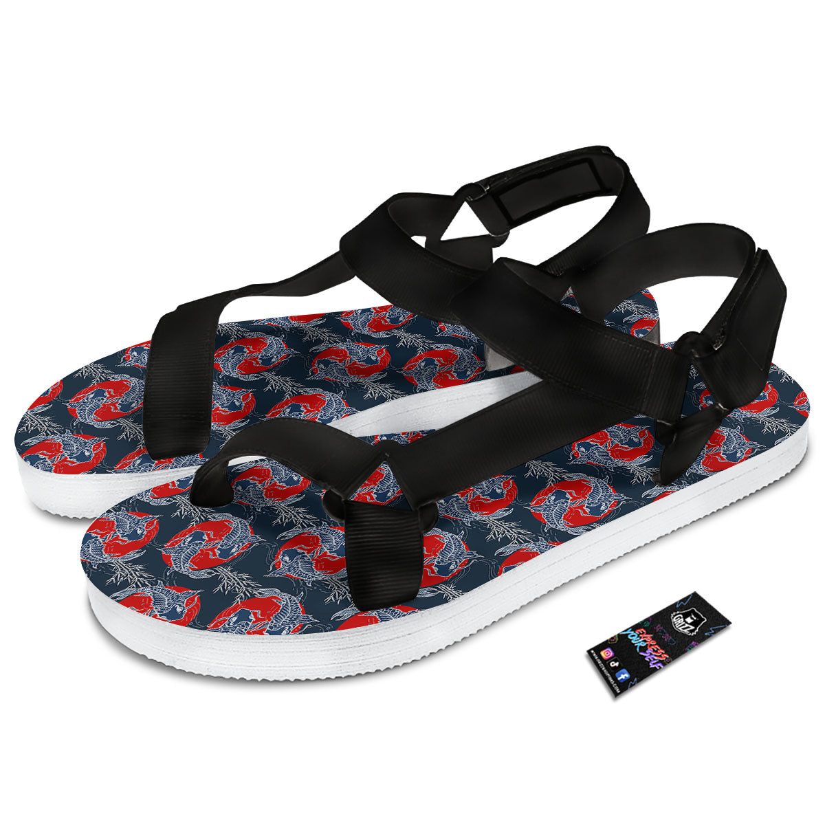 Tattoo Koi Fish Japanese Print Pattern Black Open Toe Sandals-grizzshop