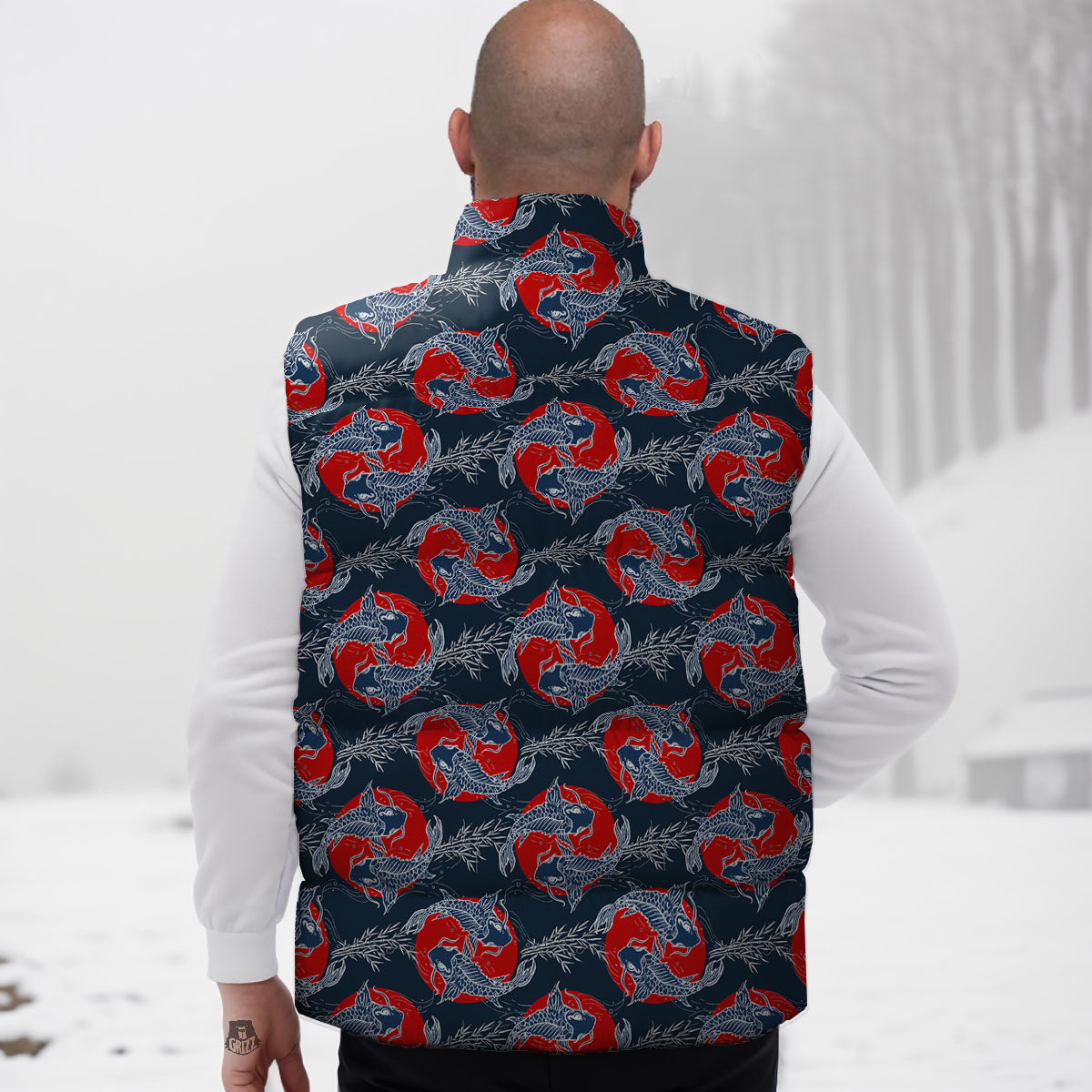 Tattoo Koi Fish Japanese Print Pattern Down Vest