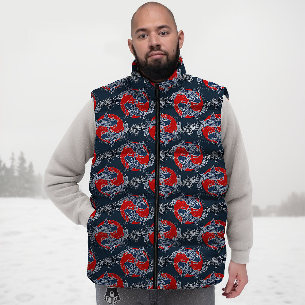Tattoo Koi Fish Japanese Print Pattern Down Vest