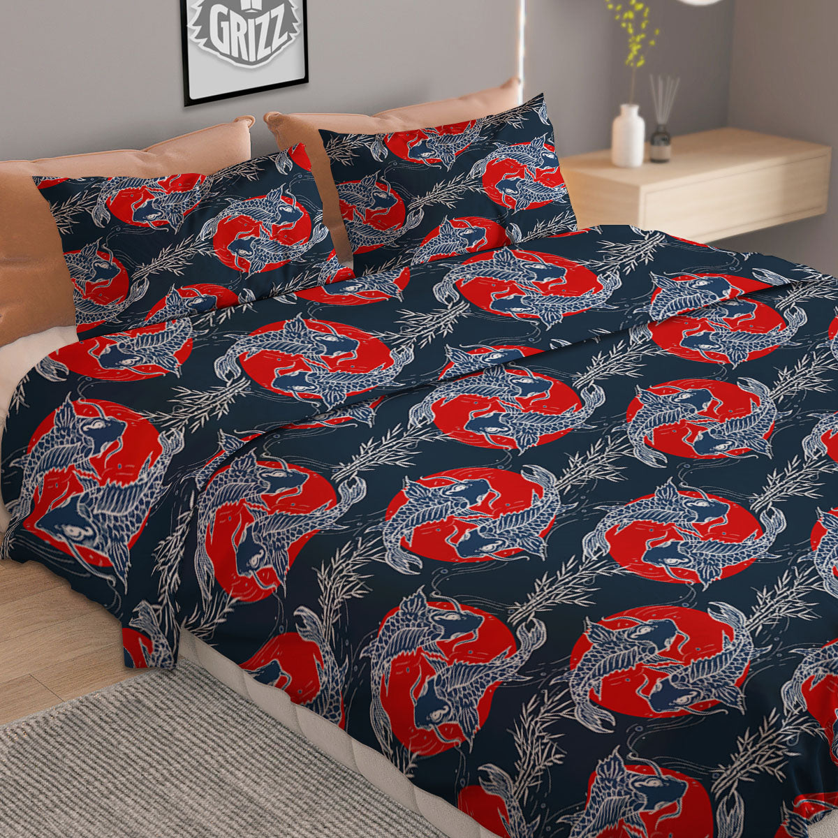 Tattoo Koi Fish Japanese Print Pattern Duvet Cover Bedding Set