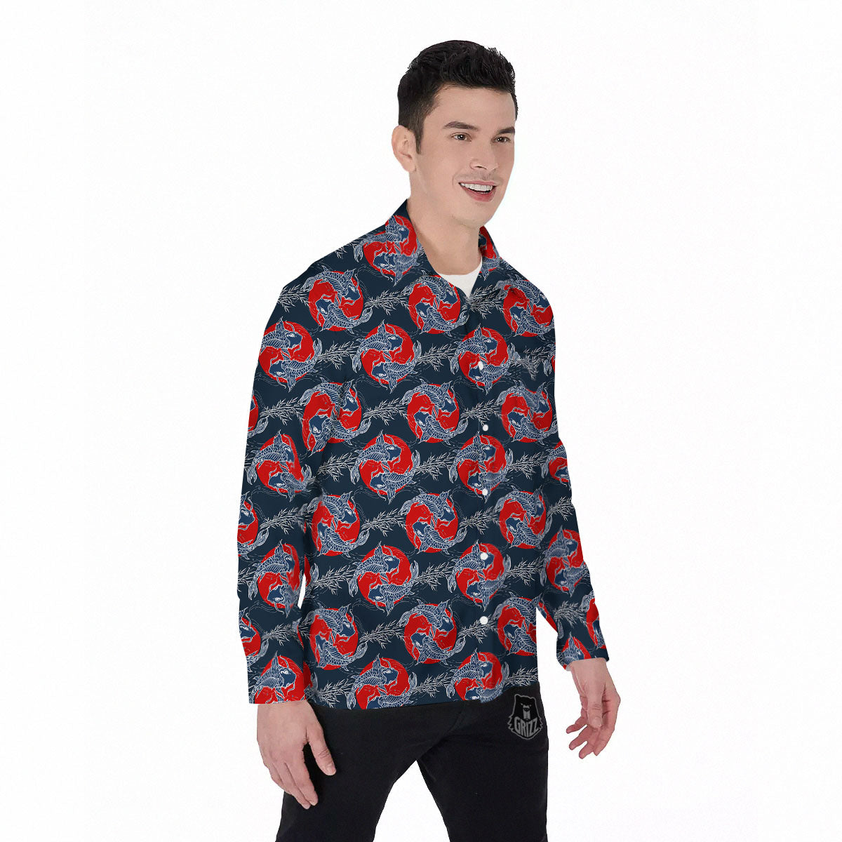 Tattoo Koi Fish Japanese Print Pattern Men's Long Sleeve Shirts-grizzshop