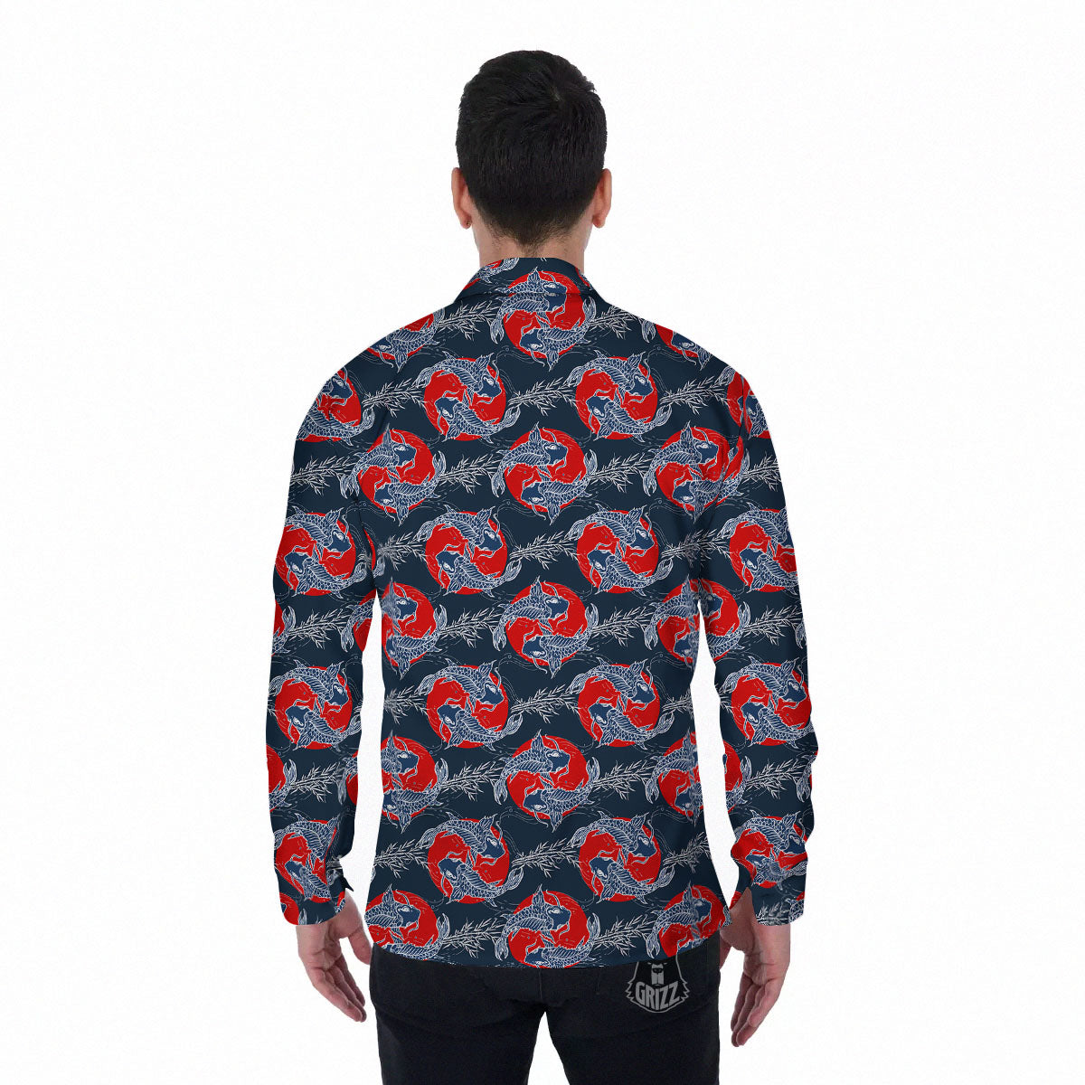 Tattoo Koi Fish Japanese Print Pattern Men's Long Sleeve Shirts-grizzshop