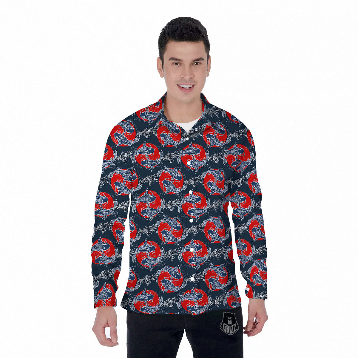 Tattoo Koi Fish Japanese Print Pattern Men's Long Sleeve Shirts-grizzshop