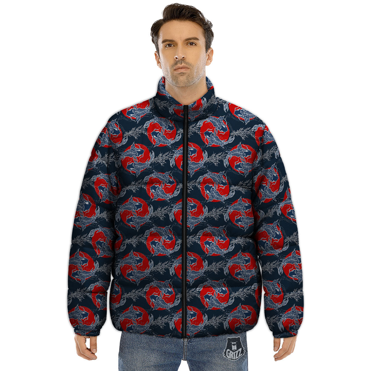 Tattoo Koi Fish Japanese Print Pattern Puffer Jacket-grizzshop