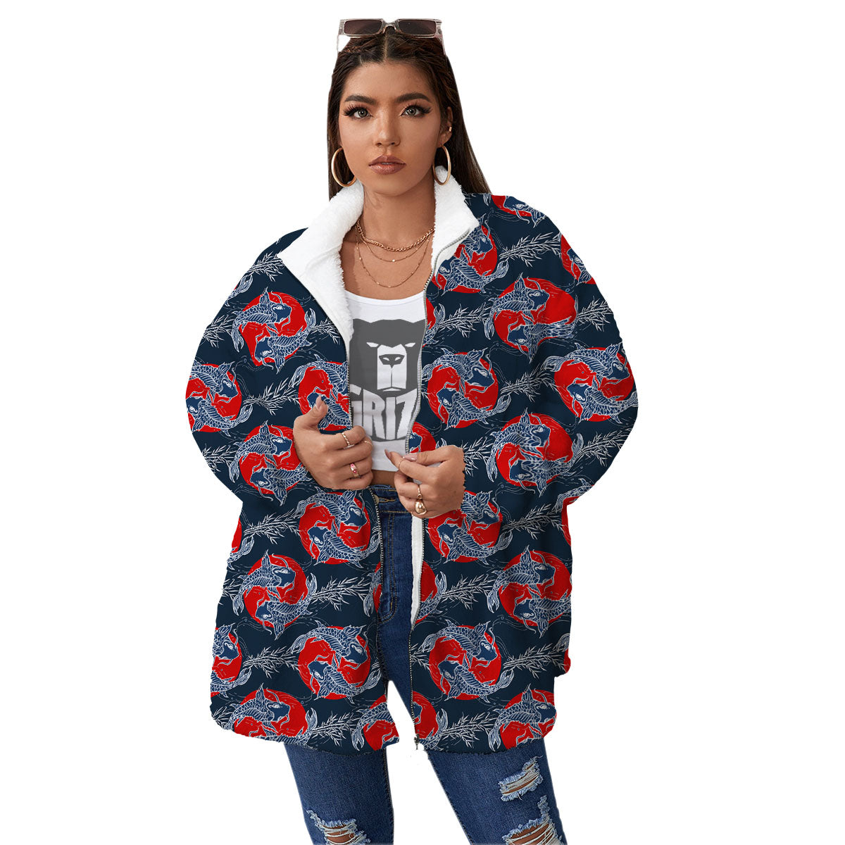 Tattoo Koi Fish Japanese Print Pattern Women's Sherpa Jacket-grizzshop