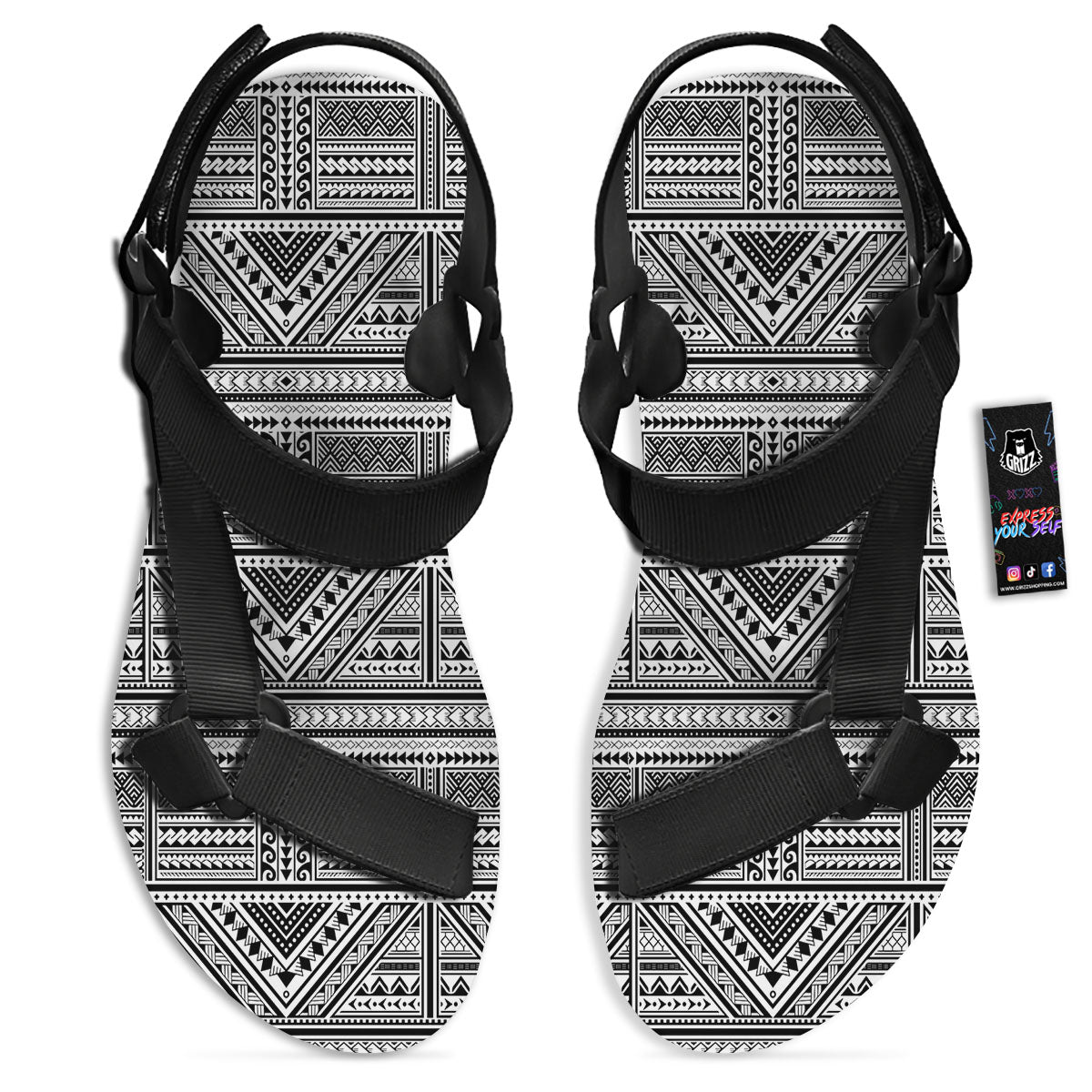 Tattoo Maori Polynesian Print Pattern Black Open Toe Sandals-grizzshop