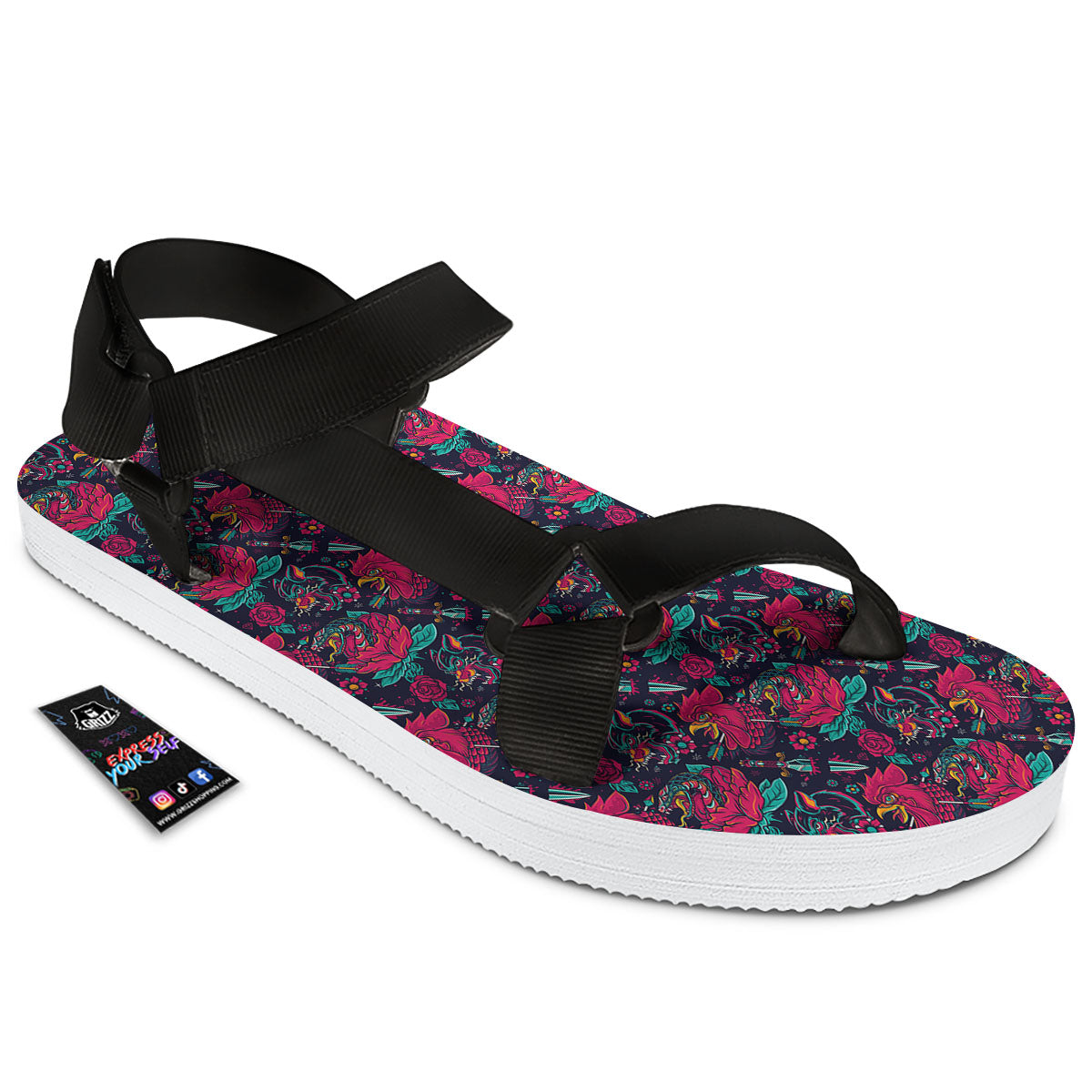 Tattoo Old School Print Pattern Black Open Toe Sandals-grizzshop