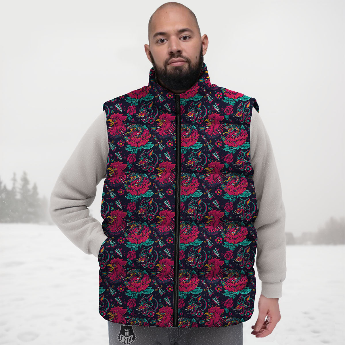 Tattoo Old School Print Pattern Down Vest