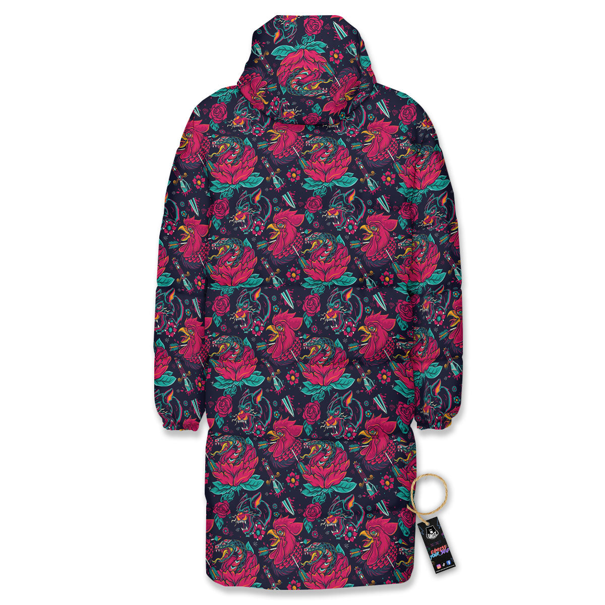 Tattoo Old School Print Pattern Long Down Jacket-grizzshop
