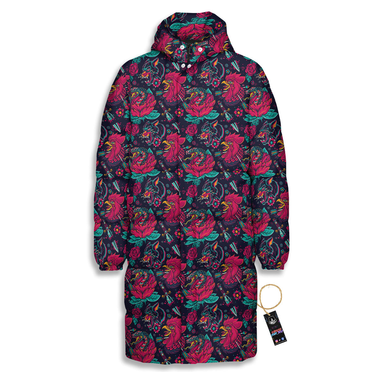 Tattoo Old School Print Pattern Long Down Jacket-grizzshop