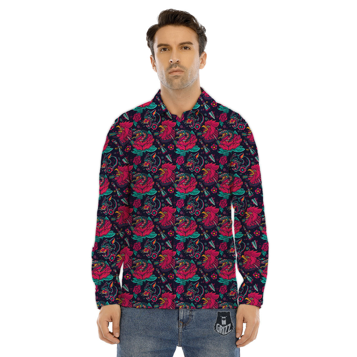 Tattoo Old School Print Pattern Men's Dress Shirts-grizzshop