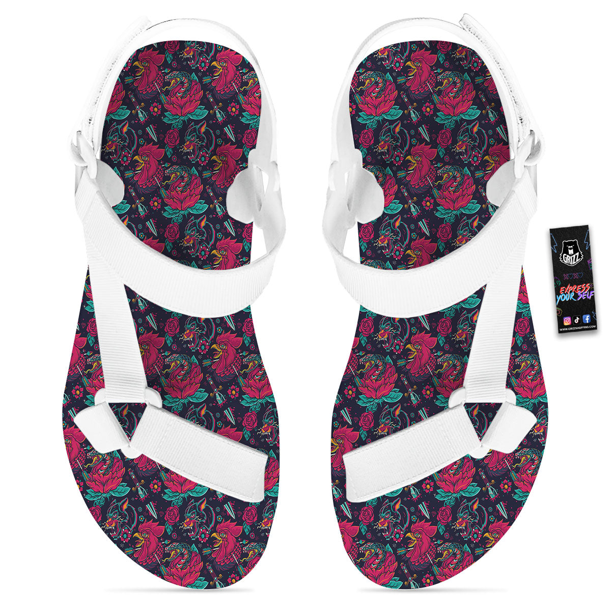 Tattoo Old School Print Pattern White Open Toe Sandals-grizzshop