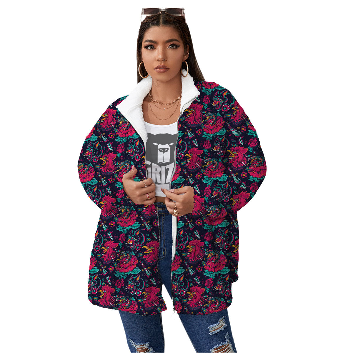 Tattoo Old School Print Pattern Women's Sherpa Jacket-grizzshop