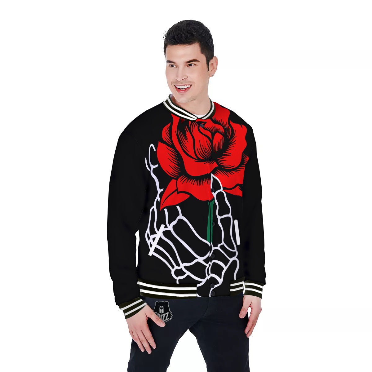 Tattoo Red Roses Print Baseball Jacket-grizzshop