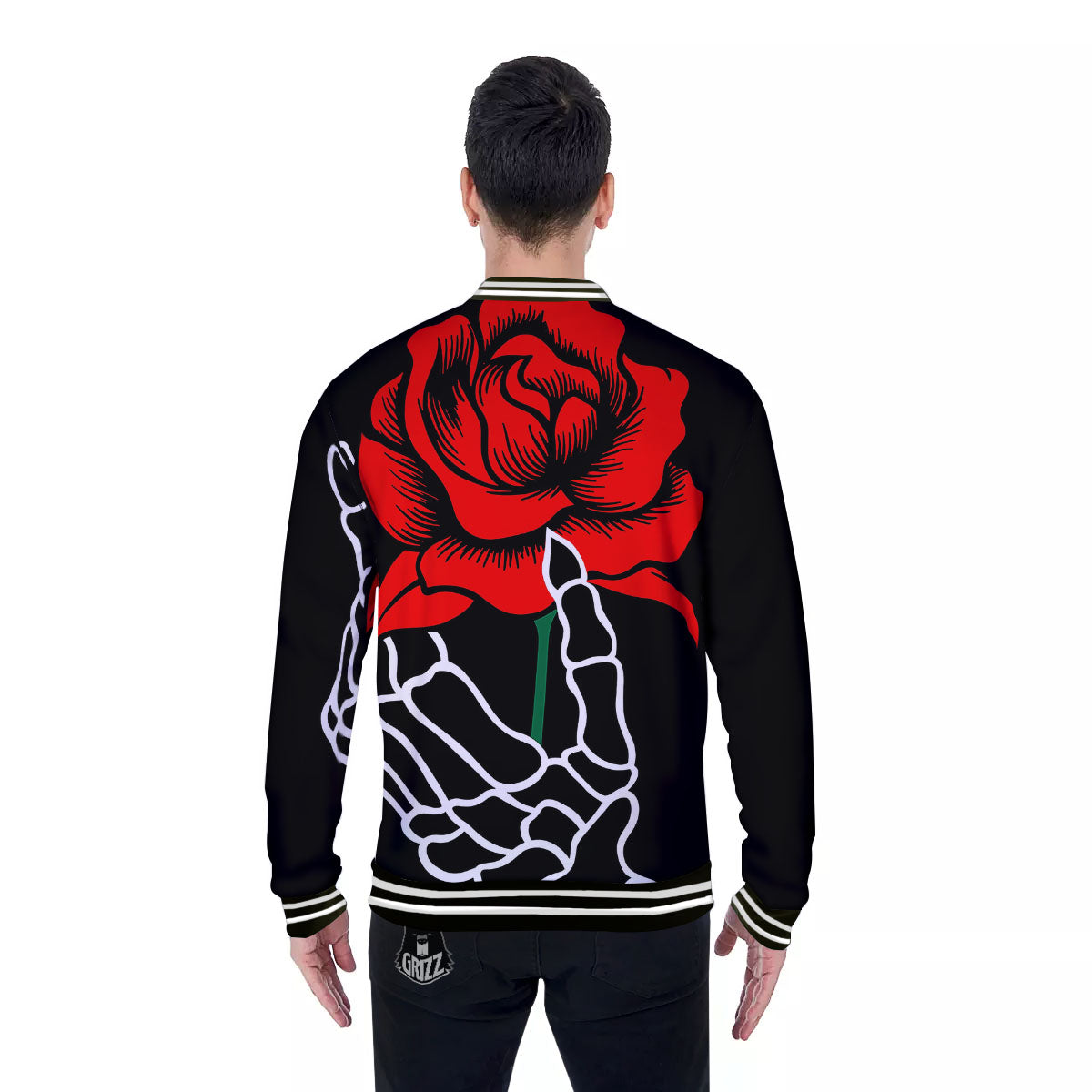 Tattoo Red Roses Print Baseball Jacket-grizzshop